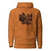 Spill Guts black ink illustration of an expressive carved jack-o'-lantern spilling stringy pumpkin pulp and seeds from its mouth beside decorative hand-lettered text on a hoodie.