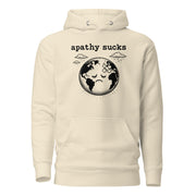Black ink illustration of Earth with a bandage on its forehead beneath two raining clouds and the words “Apathy Sucks,” shown on a hoodie.