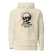 Black ink vintage-style illustration of a weathered human skull surrounded by a celestial halo of stars above the words "Glitter Rot" in bold serif lettering on a hoodie.