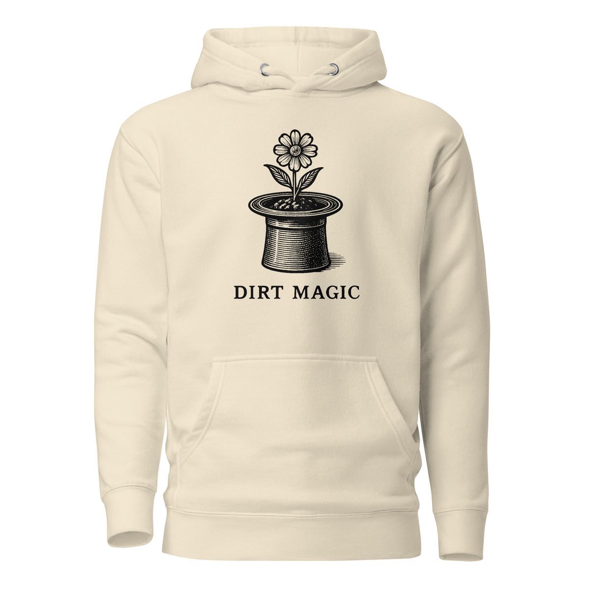 Black vintage-style illustration of a blooming flower growing from a magician's top hat with the words "Dirt Magic" beneath it, rendered in bold botanical line art inspired by classic storybook illustrations on a hoodie.