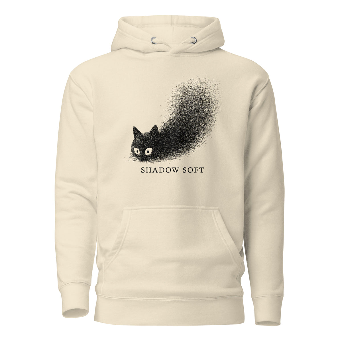 Shadow Soft black cat illustration with wide eyes disappearing into a large stippled black shadow, with vintage typography.