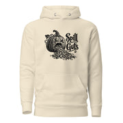 Spill Guts black ink illustration of an expressive carved jack-o'-lantern spilling stringy pumpkin pulp and seeds from its mouth beside decorative hand-lettered text on a hoodie.