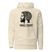 Smoke Theory hoodie featuring a black ink illustration of a bearded man's profile with a phrenology-style head labeled Heat, Salt, Time, Smoke, Patience, and Brisket.