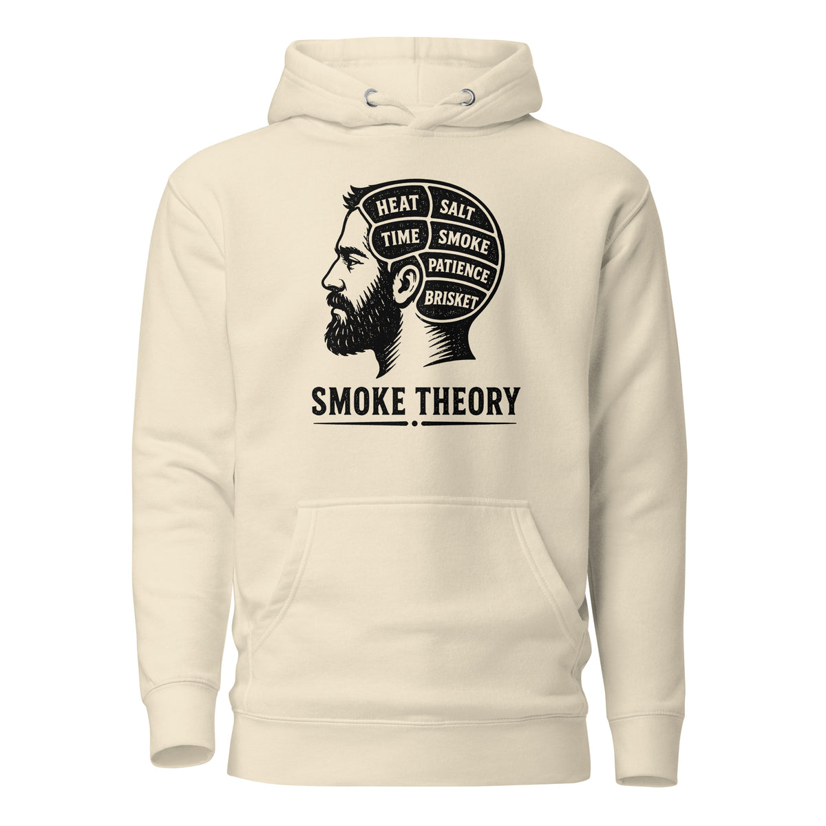 Smoke Theory hoodie featuring a black ink illustration of a bearded man's profile with a phrenology-style head labeled Heat, Salt, Time, Smoke, Patience, and Brisket.