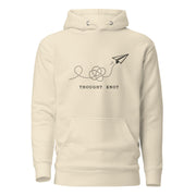 Thought Knot hoodie with vintage black-ink paper airplane illustration and tangled dotted flight path.
