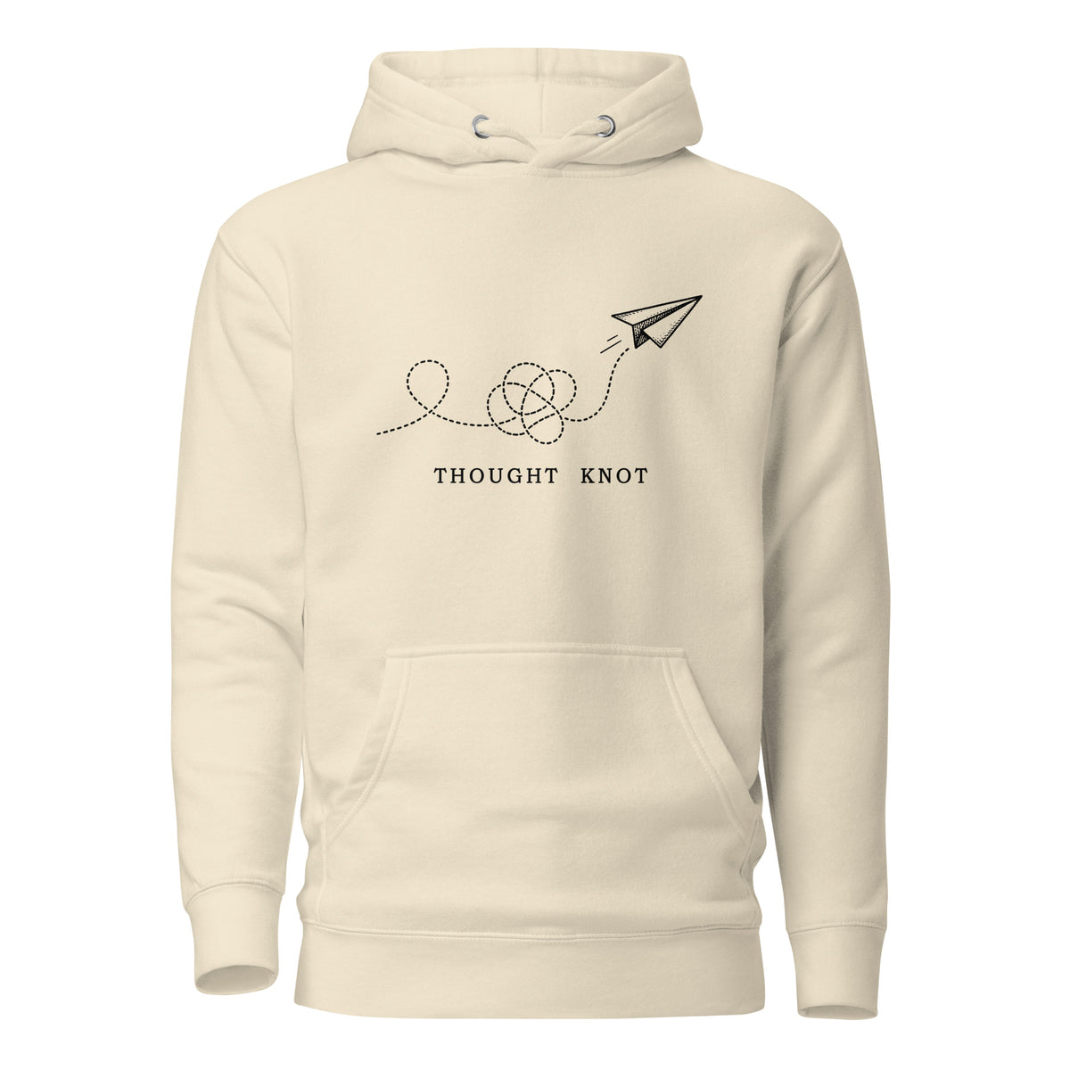 Thought Knot hoodie with vintage black-ink paper airplane illustration and tangled dotted flight path.