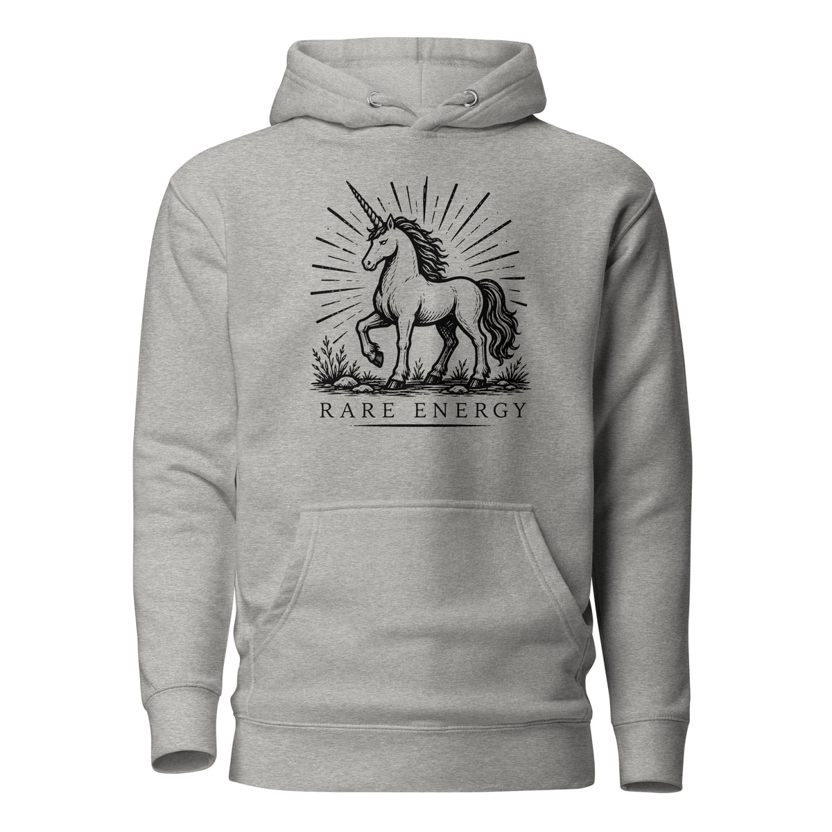 Vintage black-and-white linocut illustration of a majestic unicorn standing beneath radiant sunburst lines with the words "Rare Energy" below in classic serif typography.