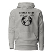 Black ink illustration of Earth with a bandage on its forehead beneath two raining clouds and the words “Apathy Sucks,” shown on a hoodie.