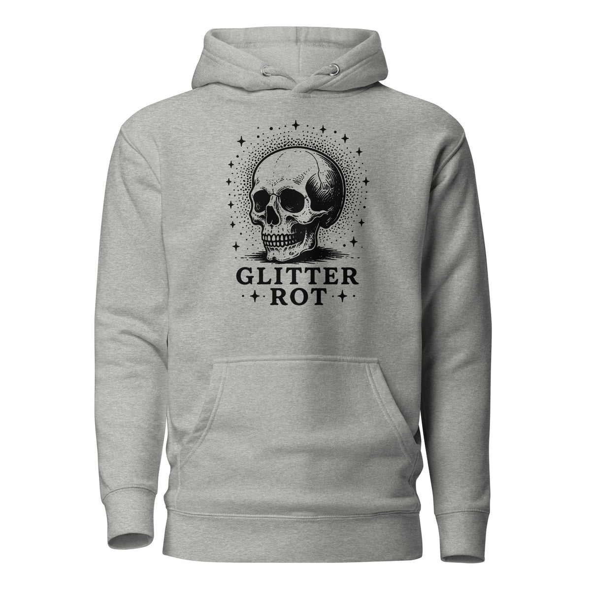 Black ink vintage-style illustration of a weathered human skull surrounded by a celestial halo of stars above the words "Glitter Rot" in bold serif lettering on a hoodie.
