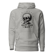 Black ink vintage-style illustration of a weathered human skull surrounded by a celestial halo of stars above the words "Glitter Rot" in bold serif lettering on a hoodie.