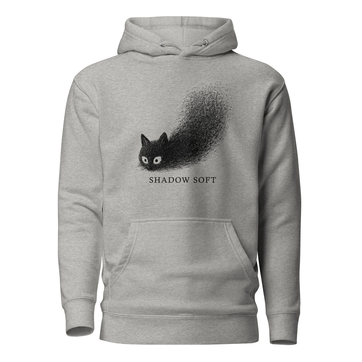 Shadow Soft black cat illustration with wide eyes disappearing into a large stippled black shadow, with vintage typography.