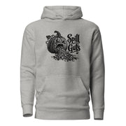 Spill Guts black ink illustration of an expressive carved jack-o'-lantern spilling stringy pumpkin pulp and seeds from its mouth beside decorative hand-lettered text on a hoodie.