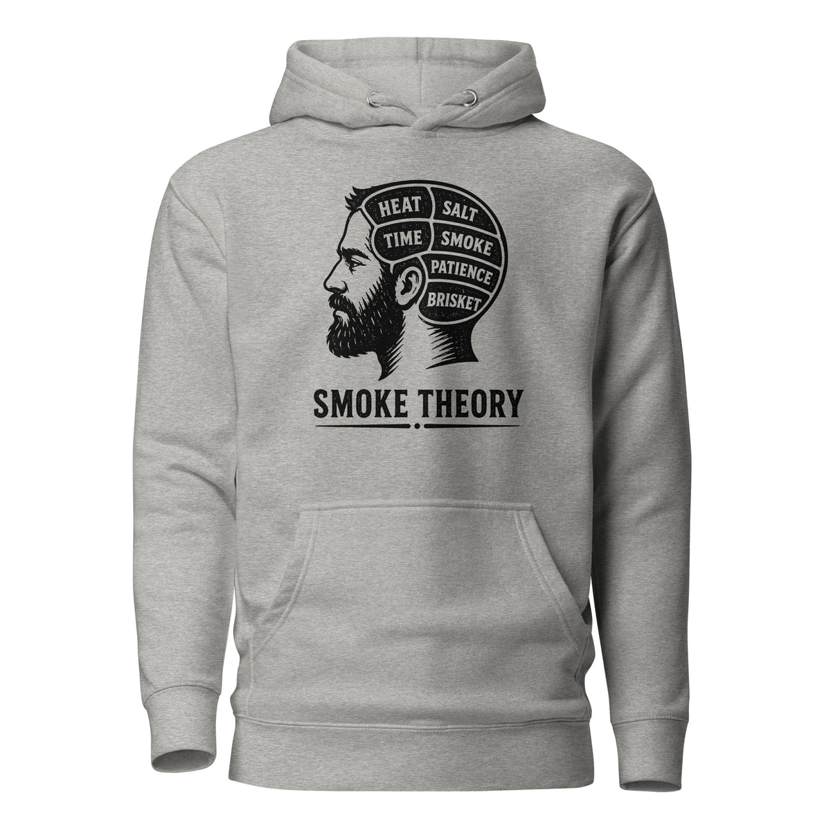Smoke Theory hoodie featuring a black ink illustration of a bearded man's profile with a phrenology-style head labeled Heat, Salt, Time, Smoke, Patience, and Brisket.
