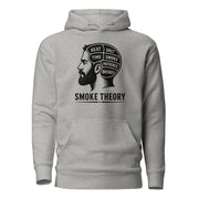 Smoke Theory hoodie featuring a black ink illustration of a bearded man's profile with a phrenology-style head labeled Heat, Salt, Time, Smoke, Patience, and Brisket.