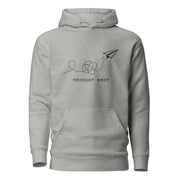 Thought Knot hoodie with vintage black-ink paper airplane illustration and tangled dotted flight path.