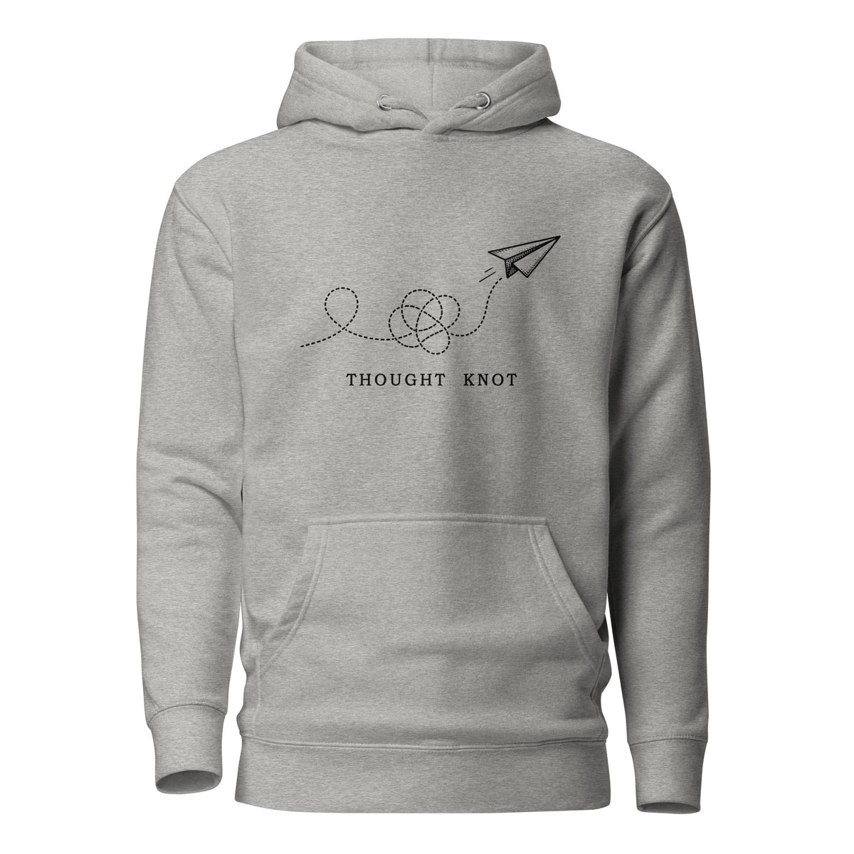 Thought Knot hoodie with vintage black-ink paper airplane illustration and tangled dotted flight path.