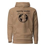 Black ink illustration of Earth with a bandage on its forehead beneath two raining clouds and the words “Apathy Sucks,” shown on a hoodie.