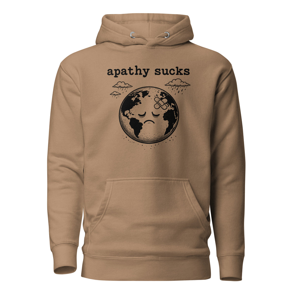 Black ink illustration of Earth with a bandage on its forehead beneath two raining clouds and the words “Apathy Sucks,” shown on a hoodie.