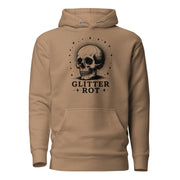 Black ink vintage-style illustration of a weathered human skull surrounded by a celestial halo of stars above the words "Glitter Rot" in bold serif lettering on a hoodie.