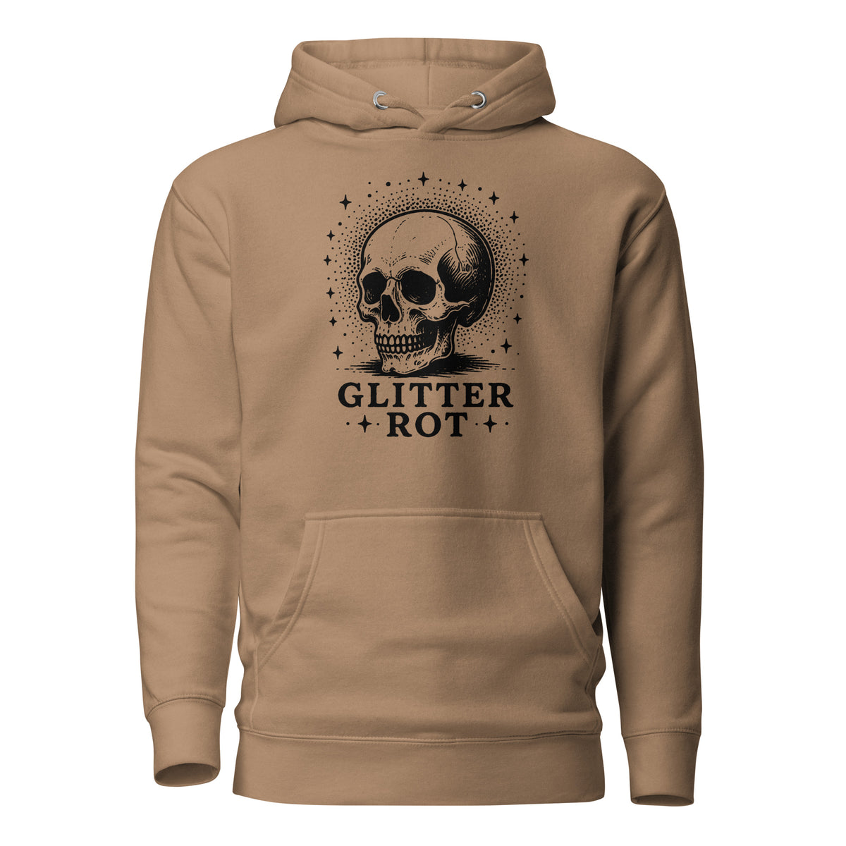 Black ink vintage-style illustration of a weathered human skull surrounded by a celestial halo of stars above the words "Glitter Rot" in bold serif lettering on a hoodie.
