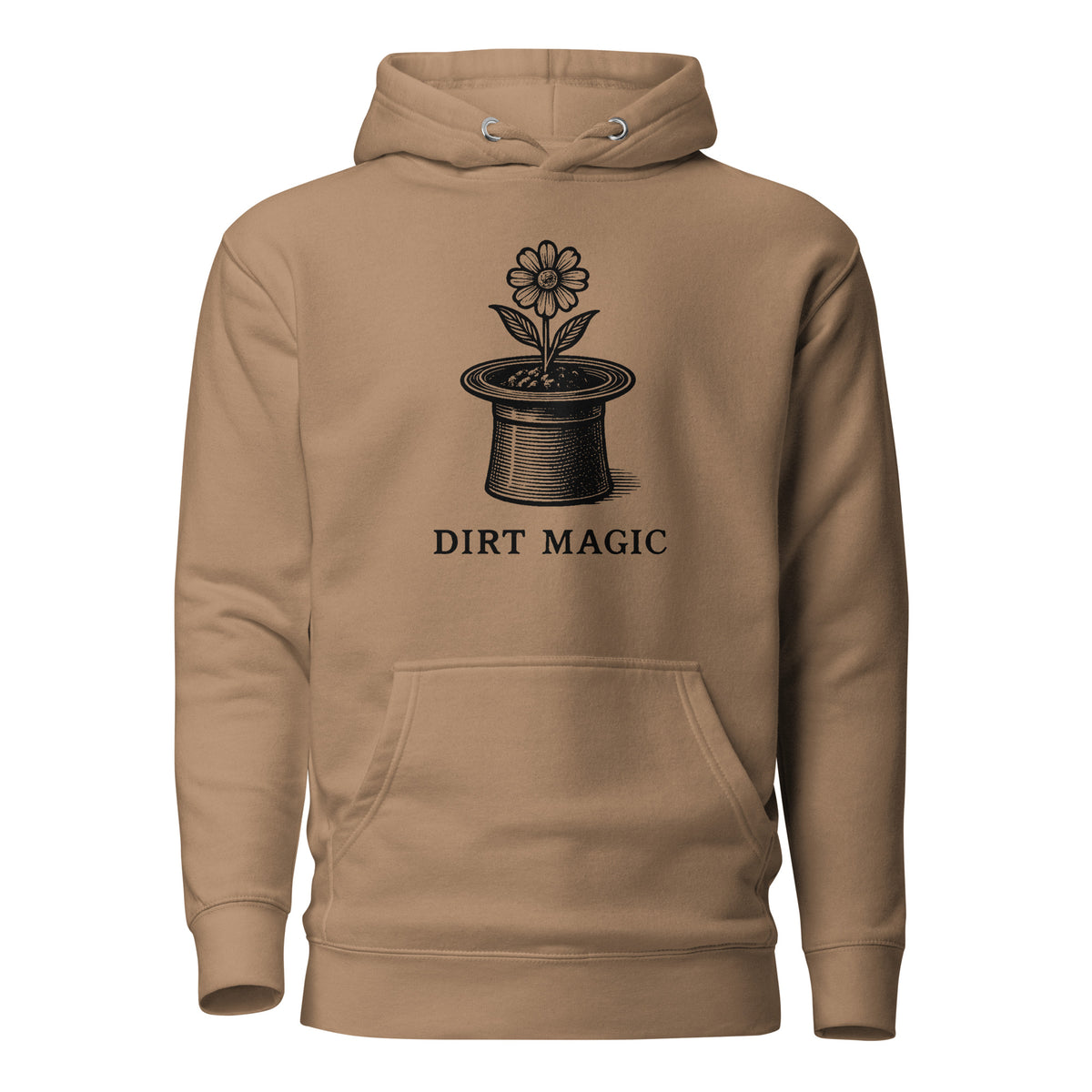 Black vintage-style illustration of a blooming flower growing from a magician's top hat with the words "Dirt Magic" beneath it, rendered in bold botanical line art inspired by classic storybook illustrations on a hoodie.