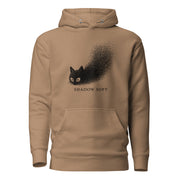 Shadow Soft black cat illustration with wide eyes disappearing into a large stippled black shadow, with vintage typography.