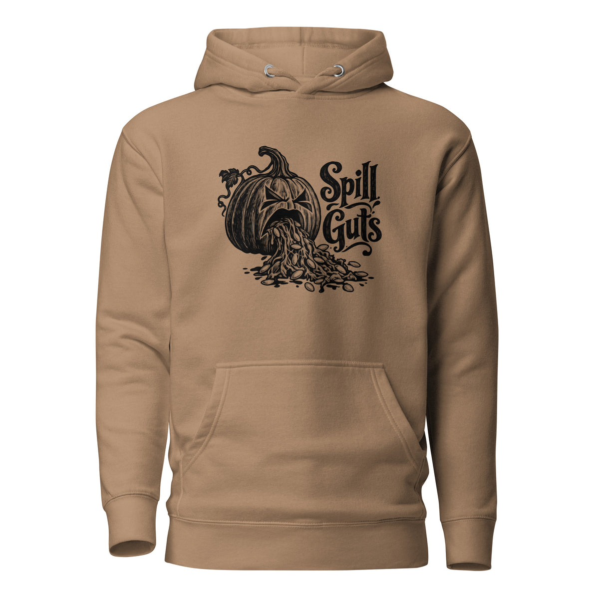 Spill Guts black ink illustration of an expressive carved jack-o'-lantern spilling stringy pumpkin pulp and seeds from its mouth beside decorative hand-lettered text on a hoodie.