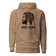 Smoke Theory hoodie featuring a black ink illustration of a bearded man's profile with a phrenology-style head labeled Heat, Salt, Time, Smoke, Patience, and Brisket.
