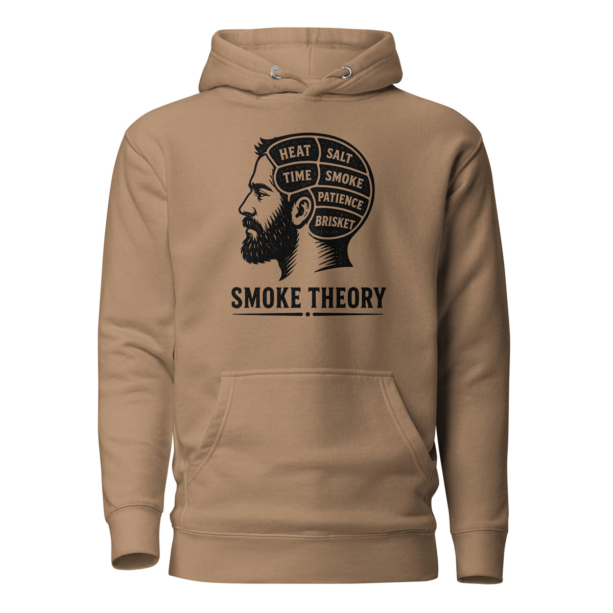 Smoke Theory hoodie featuring a black ink illustration of a bearded man's profile with a phrenology-style head labeled Heat, Salt, Time, Smoke, Patience, and Brisket.