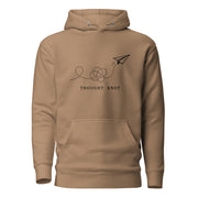 Thought Knot hoodie with vintage black-ink paper airplane illustration and tangled dotted flight path.