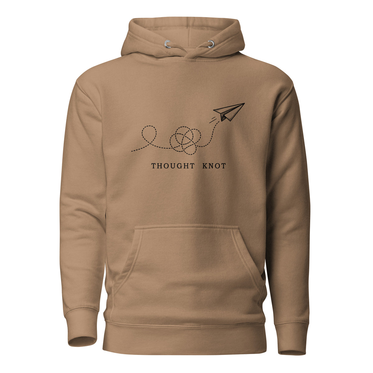 Thought Knot hoodie with vintage black-ink paper airplane illustration and tangled dotted flight path.