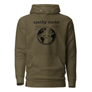 Black ink illustration of Earth with a bandage on its forehead beneath two raining clouds and the words “Apathy Sucks,” shown on a hoodie.