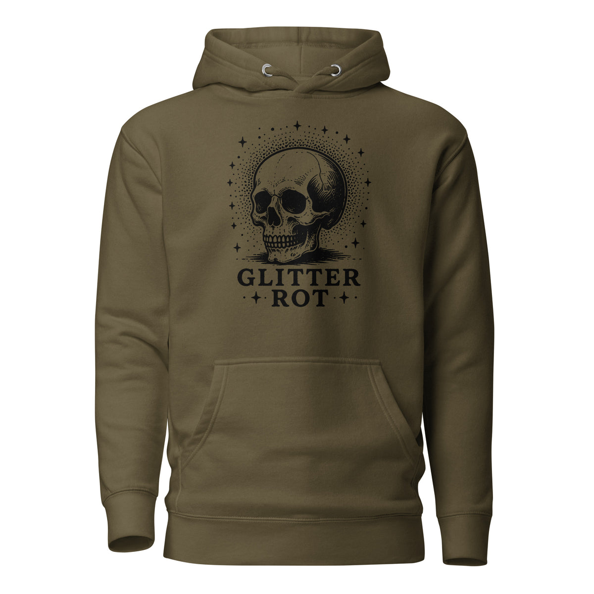 Black ink vintage-style illustration of a weathered human skull surrounded by a celestial halo of stars above the words "Glitter Rot" in bold serif lettering on a hoodie.