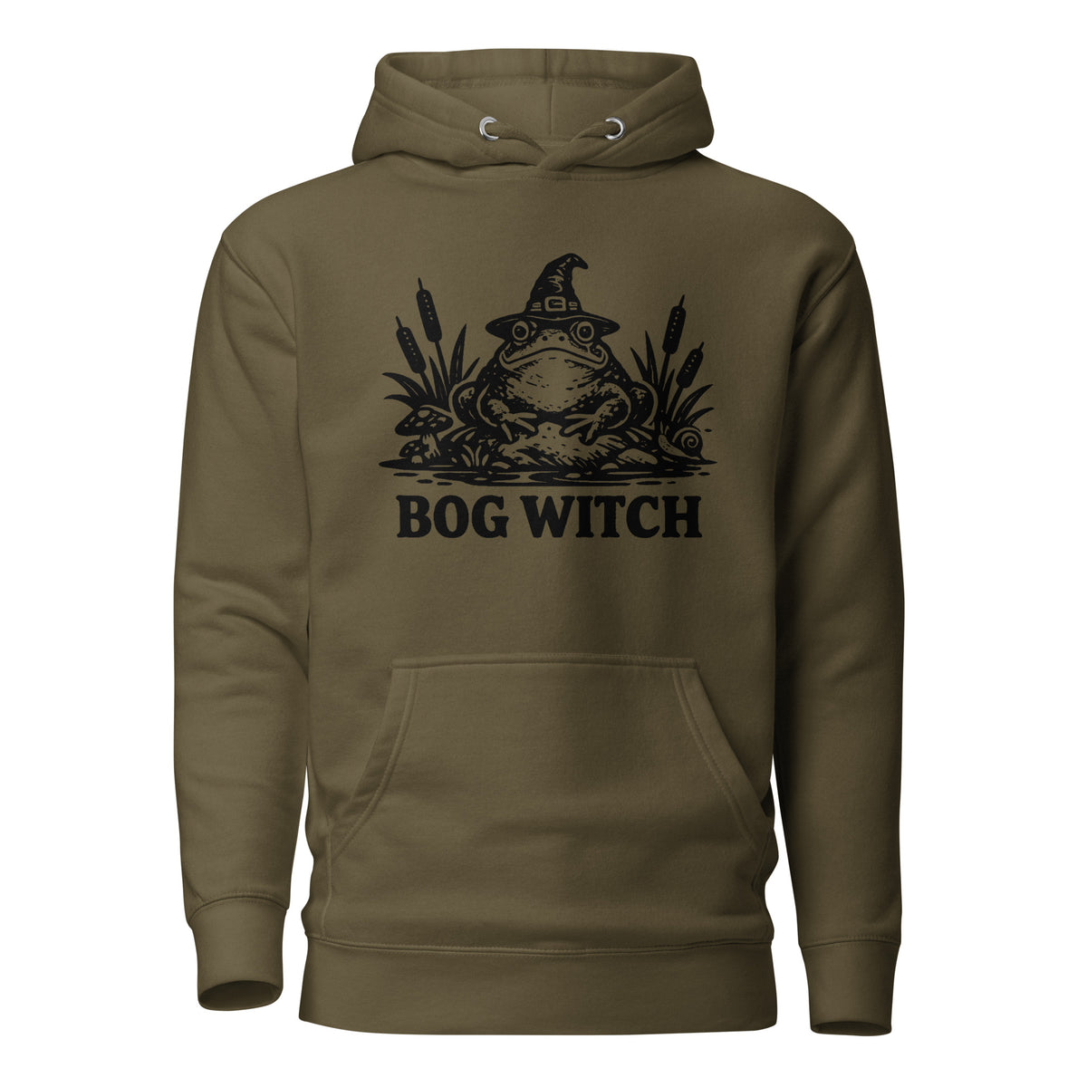 Black ink folk art illustration of a wide-eyed frog beneath an oversized pointed witch hat surrounded by cattails and marsh plants, with the words “BOG WITCH,” on a hoodie.