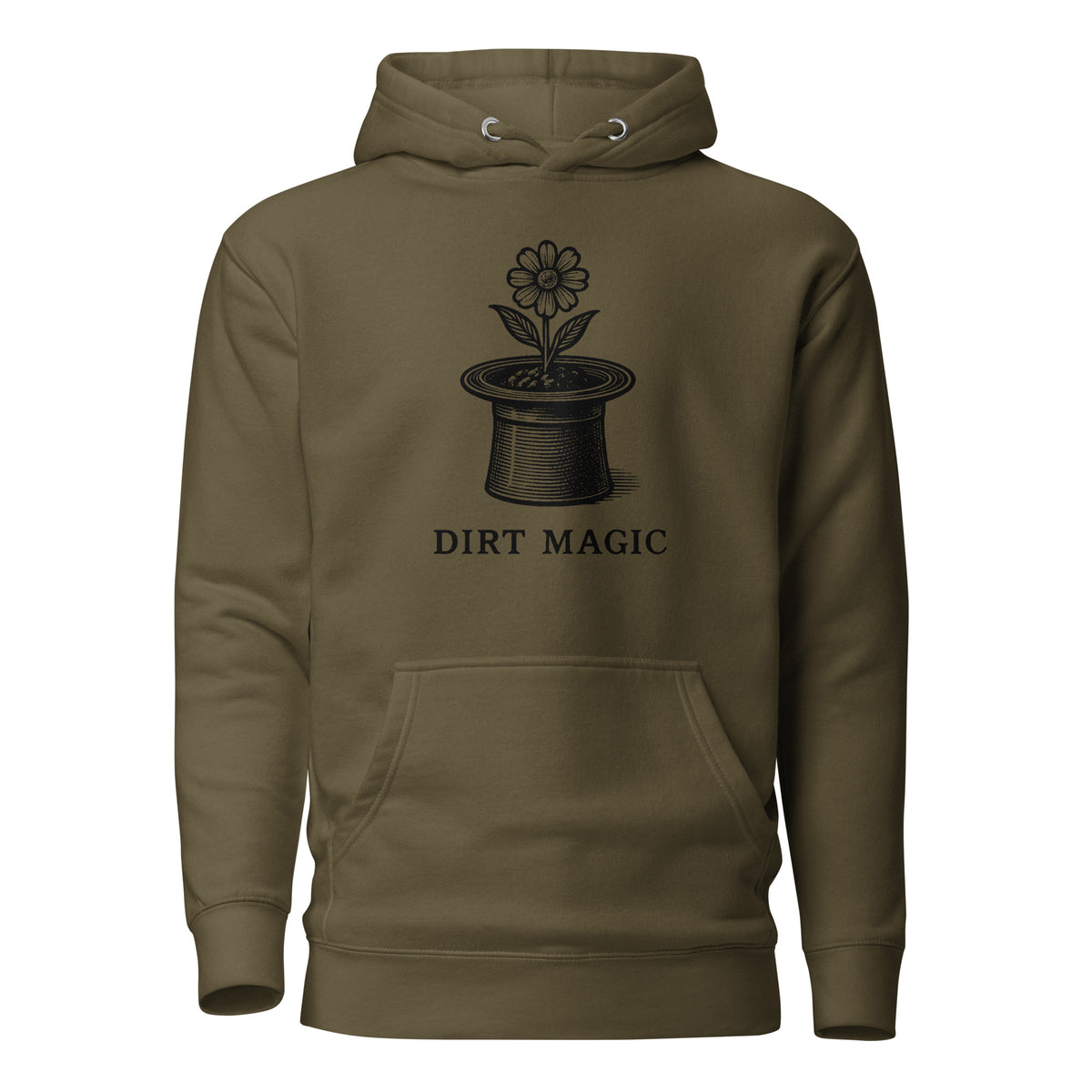Black vintage-style illustration of a blooming flower growing from a magician's top hat with the words "Dirt Magic" beneath it, rendered in bold botanical line art inspired by classic storybook illustrations on a hoodie.