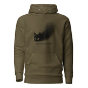 Shadow Soft black cat illustration with wide eyes disappearing into a large stippled black shadow, with vintage typography.