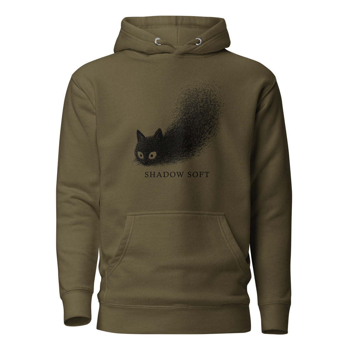 Shadow Soft black cat illustration with wide eyes disappearing into a large stippled black shadow, with vintage typography.