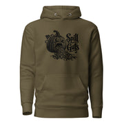 Spill Guts black ink illustration of an expressive carved jack-o'-lantern spilling stringy pumpkin pulp and seeds from its mouth beside decorative hand-lettered text on a hoodie.