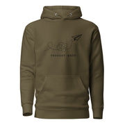 Thought Knot hoodie with vintage black-ink paper airplane illustration and tangled dotted flight path.