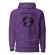 Black ink illustration of Earth with a bandage on its forehead beneath two raining clouds and the words “Apathy Sucks,” shown on a hoodie.