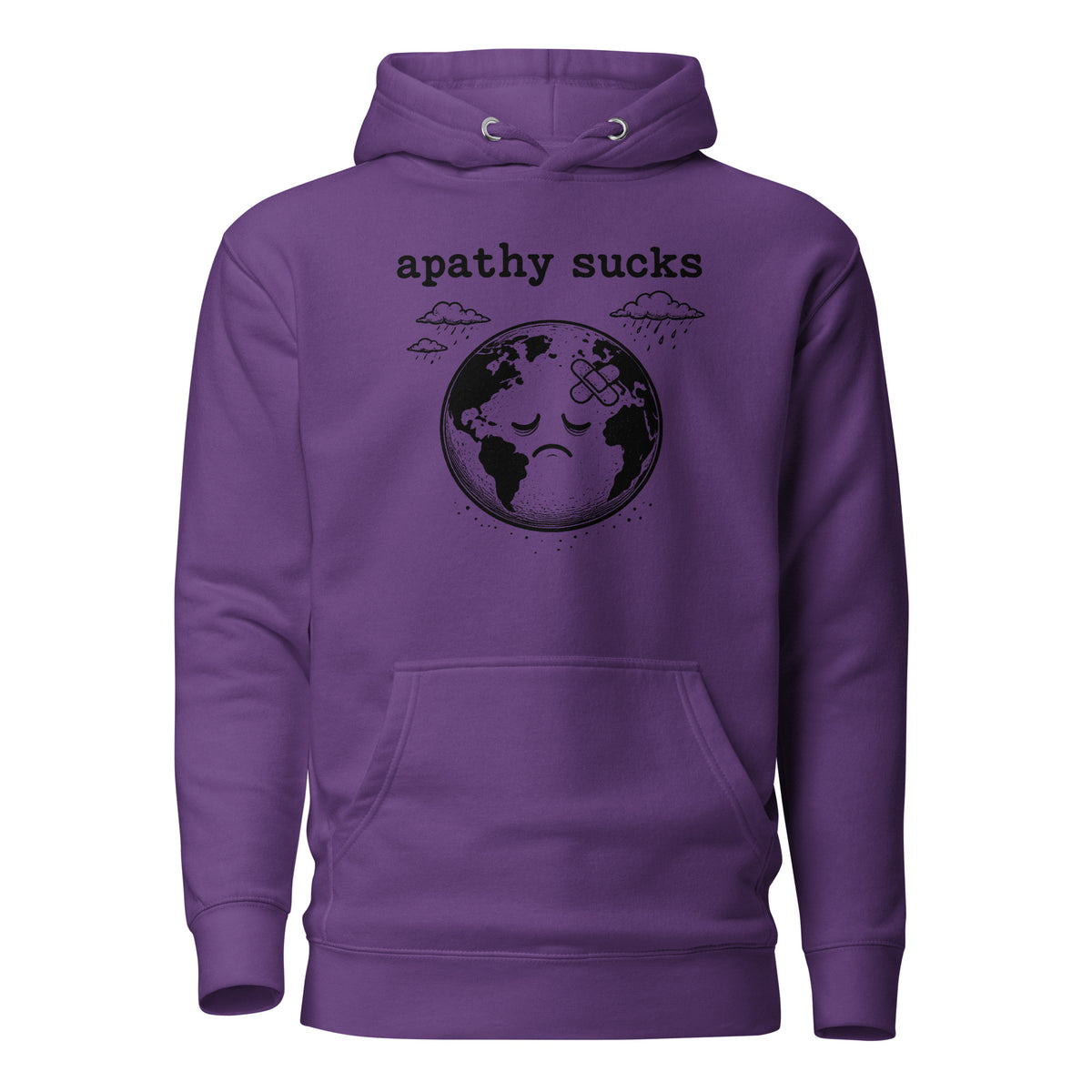 Black ink illustration of Earth with a bandage on its forehead beneath two raining clouds and the words “Apathy Sucks,” shown on a hoodie.