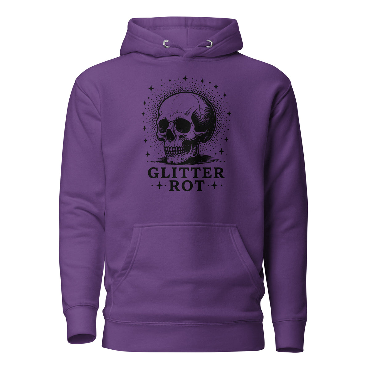 Black ink vintage-style illustration of a weathered human skull surrounded by a celestial halo of stars above the words "Glitter Rot" in bold serif lettering on a hoodie.