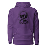 Black ink vintage-style illustration of a weathered human skull surrounded by a celestial halo of stars above the words "Glitter Rot" in bold serif lettering on a hoodie.