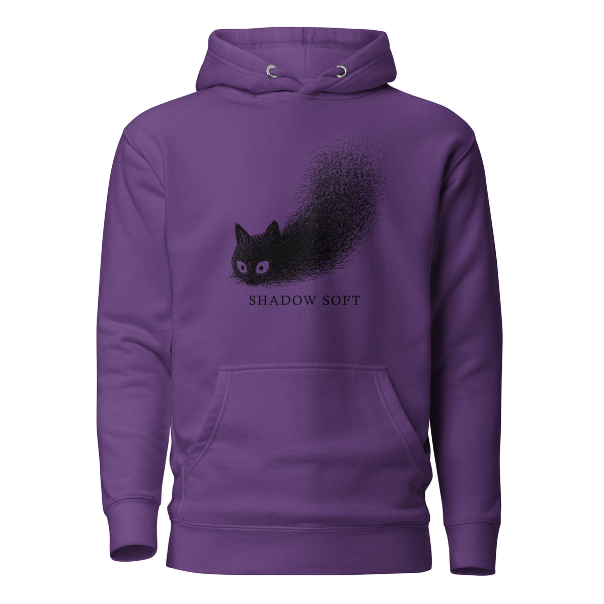 Shadow Soft black cat illustration with wide eyes disappearing into a large stippled black shadow, with vintage typography.