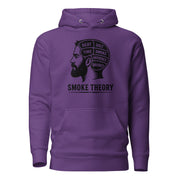 Smoke Theory hoodie featuring a black ink illustration of a bearded man's profile with a phrenology-style head labeled Heat, Salt, Time, Smoke, Patience, and Brisket.