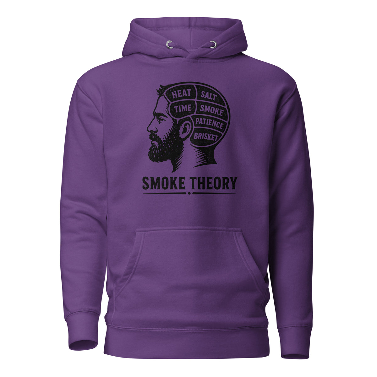 Smoke Theory hoodie featuring a black ink illustration of a bearded man's profile with a phrenology-style head labeled Heat, Salt, Time, Smoke, Patience, and Brisket.