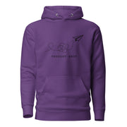 Thought Knot hoodie with vintage black-ink paper airplane illustration and tangled dotted flight path.