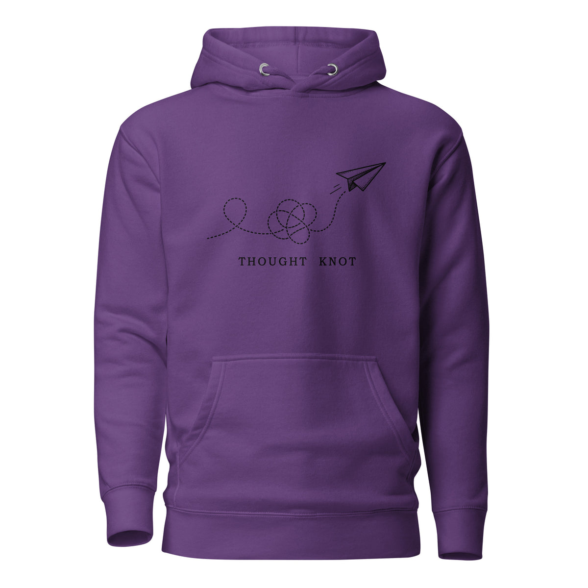 Thought Knot hoodie with vintage black-ink paper airplane illustration and tangled dotted flight path.