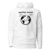 Black ink illustration of Earth with a bandage on its forehead beneath two raining clouds and the words “Apathy Sucks,” shown on a hoodie.