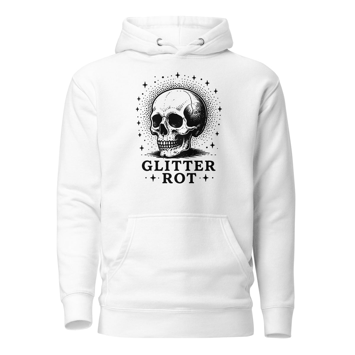 Black ink vintage-style illustration of a weathered human skull surrounded by a celestial halo of stars above the words "Glitter Rot" in bold serif lettering on a hoodie.